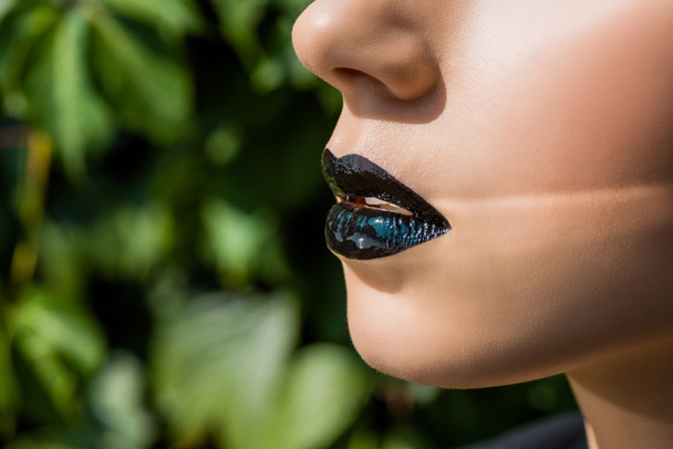 close up of female black shiny lips on green background  - Zdjęcie, obraz