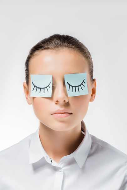 young woman with sticky notes on eyes and drawn eyelashes - Photo, Image