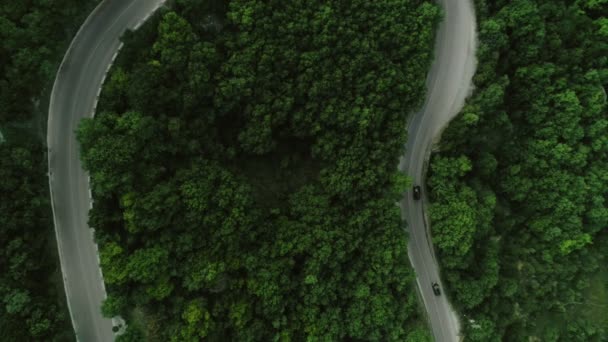 Static top view aerial shot traffic on winding asphalt roads surrounded by hilly terrain and forest - Footage, Video