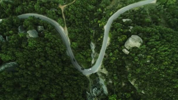Top vista aérea tiro tráfego de transporte motor movendo-se ao longo de uma estrada sinuosa asfalto
 - Filmagem, Vídeo