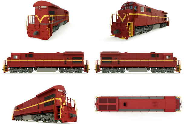 Moderna locomotiva ferroviaria diesel con grande potenza e resistenza per lo spostamento di treni ferroviari lunghi e pesanti. rendering 3d
 - Foto, immagini