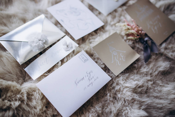 collection of envelopes or invitations isolated on white, wedding invitation card design concept - 写真・画像