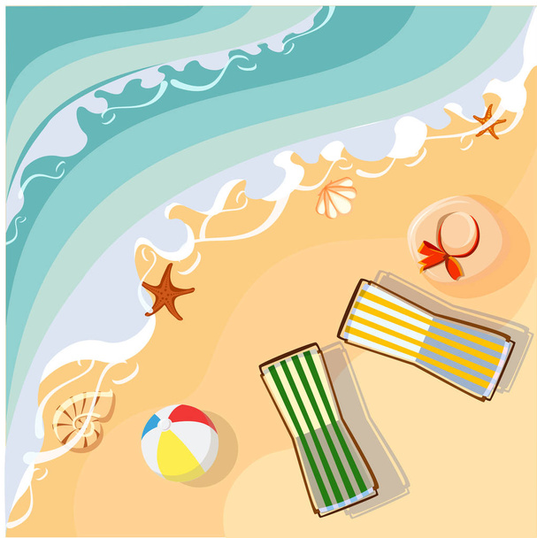 Tarjeta de vacaciones con playa y tumbonas
. - Vector, imagen