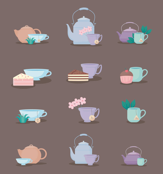 conjunto de bules e xícaras de chá ícone
 - Vetor, Imagem