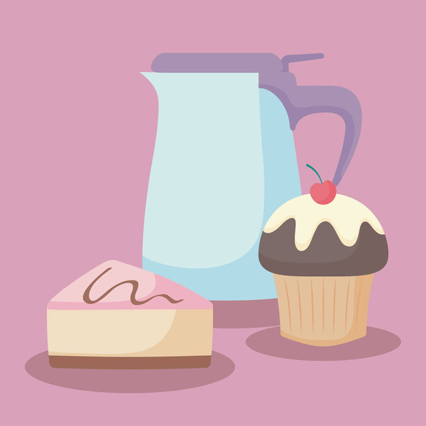 teapot with sweet cake portion - Vector, Imagen