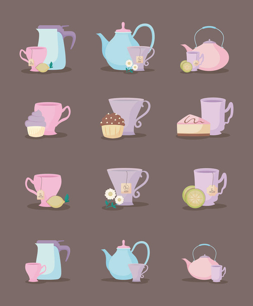 set of teapots and cups tea icon - Vector, Image