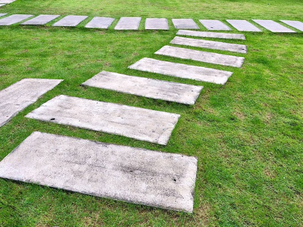 Cement block on the grass for walkway in public park in Bangkok Thailand - Photo, Image