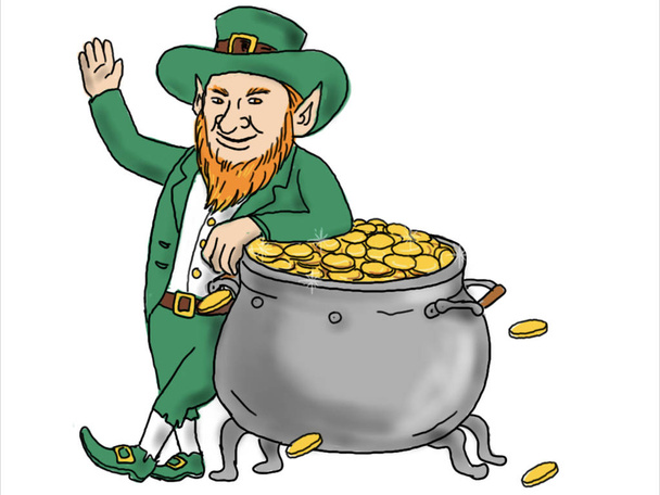 Illustration graphics showing a drawing of an Irish Leprechaun,  type of fairy of the Aos Si in Irish folklore standing by pot of gold and waving on white screen in HD 720 high definition. - Photo, Image