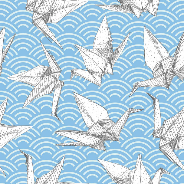Origami white paper cranes set sketch seamless pattern. gray line Nature oriental background with japanese wave circle pattern pastel colors on green blue background. Vector illustration - Vektori, kuva