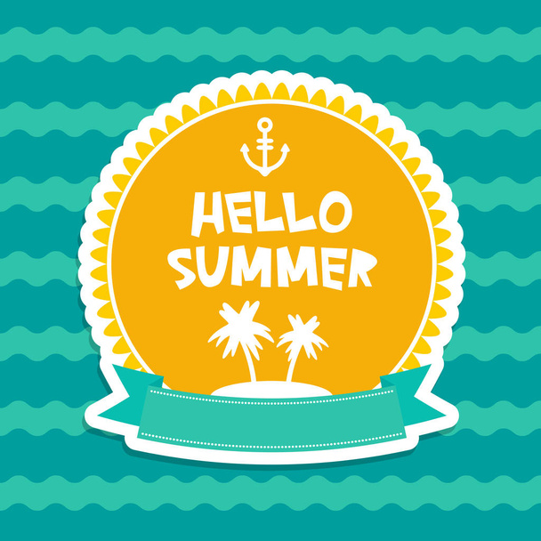 Hello Summer pastel colors card design, banner template ribbon palm island on blue waves sea ocean background, white green orange. Vector illustration - Vector, Imagen
