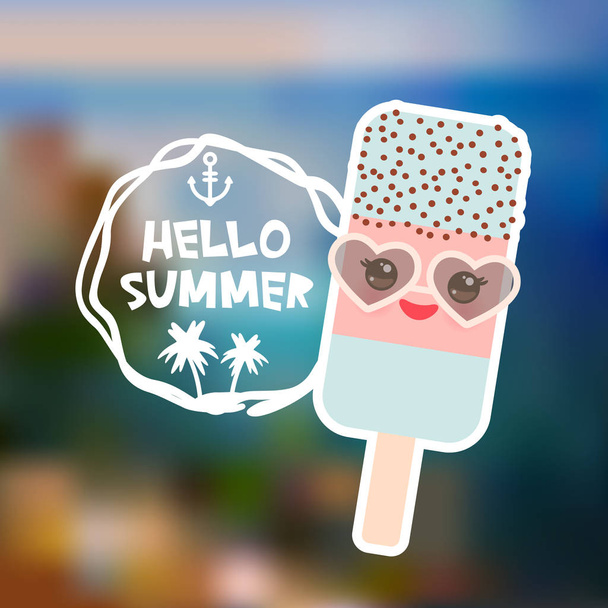 ice cream, ice lolly Kawaii with sunglasses pink cheeks and winking eyes, pastel colors. Hello Summer card design, banner template Beach mountain island on blue sea ocean blur background. Vector illustration - Vector, afbeelding