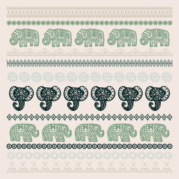 Σετ βούρτσες Ινδικός ελέφαντας με εγγενή ζιγκ-ζαγκ διακοσμητικά διακοσμητικά λωρίδες. Χέρι συρμένο εθνοτική φυλετική διακοσμημένα ελέφαντα. σκούρο πράσινο της ελιάς περίγραμμα σε μπεζ φόντο. Εικονογράφηση διάνυσμα - Διάνυσμα, εικόνα