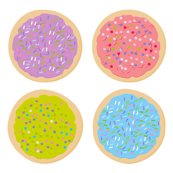 Frosted sugar cookies, Set Italian Freshly baked cookies with pink violet blue green frosting and colorful sprinkles. Bright colors on white background. Vector illustration - Вектор,изображение