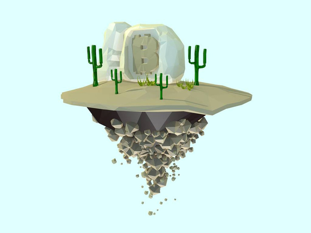 Illustrazione 3D di un'isola deserta su cui una lapide con il simbolo della criptovaluta bitcoin. L'idea della crisi, crollo, caduta di bitcoin. Immagine in basso stile poli. Rendering 3D
 - Foto, immagini