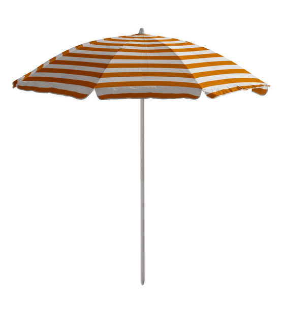 Parapluie de plage rayé blanc orangé isolé sur blanc. Chemin de coupe inclus
. - Photo, image
