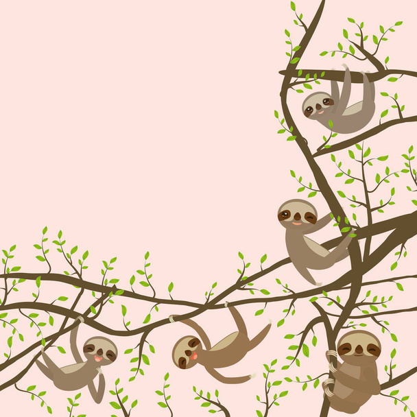 πρότυπο κάρτας πανό με αστεία και χαριτωμένα χαμογελώντας τρεις – toed βραδύποδες οριστεί σε πράσινο κλαδί δέντρου αναρριχητικό φυτό, αντίγραφο χώρου σε ροζ φόντο. Εικονογράφηση διάνυσμα - Διάνυσμα, εικόνα