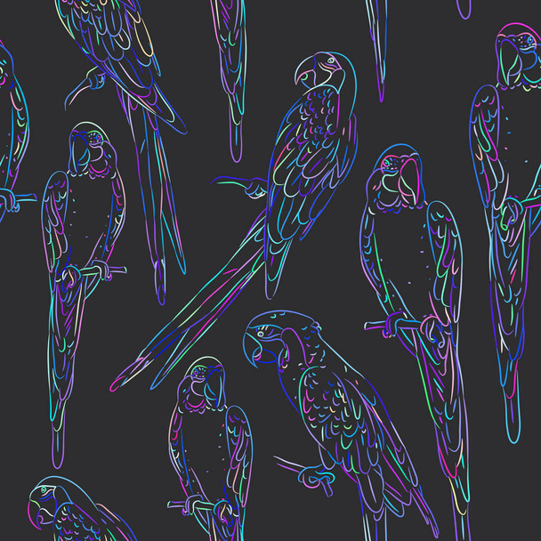 Rainbow blue macaw sketch seamless pattern on black background Textile print, web page fill. Vector illustration - Vecteur, image