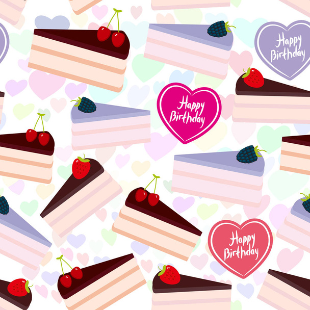 Aniversário sem costura design padrão Bolo doce decorado com frutas frescas, creme rosa e cobertura de chocolate, pedaço de bolo, coração, cores pastel fundo lilás. Ilustração vetorial
 - Vetor, Imagem