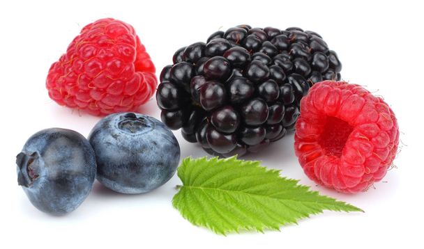mix of blueberries, blackberries, raspberries isolated on white background - Photo, image