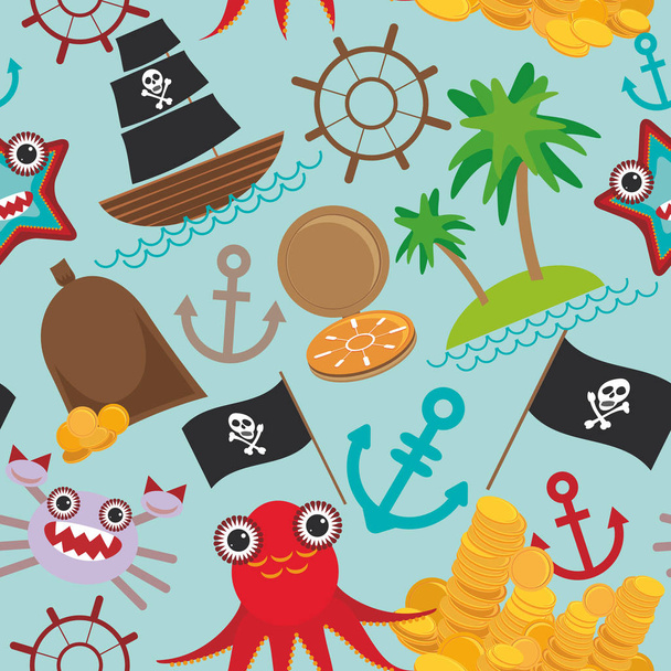 Marine seamless pirate pattern on light blue background. pirate boat with sail, gold coins crab octopus starfish island with palm trees anchor compass anchor helm treasures. Vector illustration - Вектор,изображение