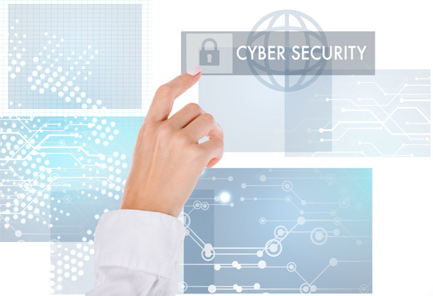 cropped shot of businesswoman pointing at cyber security sign isolated on white - Fotó, kép