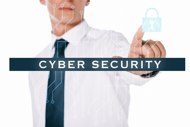 partial view of businessman pointing at cyber security sign isolated on white - Фото, зображення