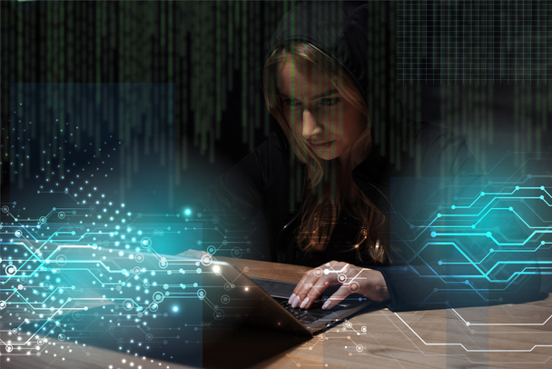 Portret van een vrouw in zwarte hoodie met behulp van laptop, cyber veiligheidsconcept - Foto, afbeelding