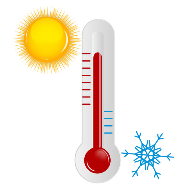 Időjárás ikonok nap-, felhő- és hőmérővel - Vektor, kép