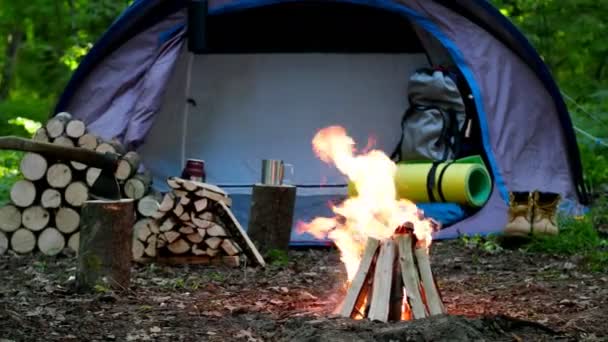 Camping met vuur in de wildernis. Klassieke Camping. - Video