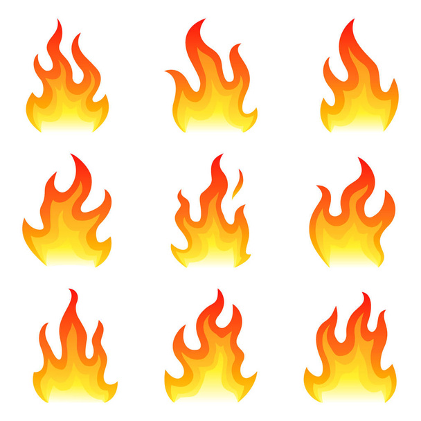 Icone rosse fuoco piatto impostato isolato su sfondo bianco per concetto di pericolo o logo di design. Fiamma e fuoco rosso
 - Vettoriali, immagini