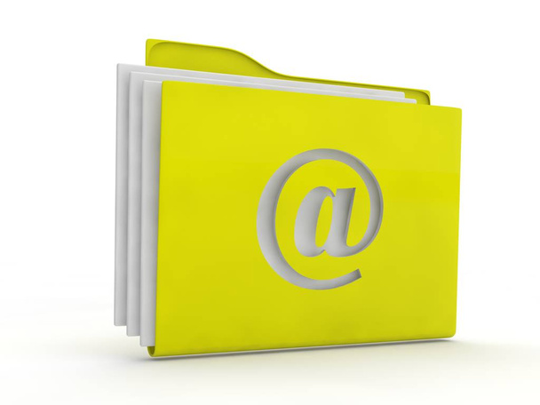 Žlutá obálka, symbolu e-mailu s připojenými soubory. Přihlaste psa na obálku a text e-mailu. Obrázek izolovaných na bílém pozadí. Myšlenka na komunikace, e-mailu. 3D vykreslování - Fotografie, Obrázek