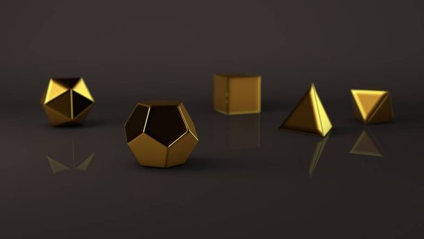 Ryhmä, joukko geometrisia muotoja, Platonin runko, polyhedra, monikulmainen kulta esineitä jalometallia, kultaa, pronssia ja. Kuvitus, abstrakti kuva heijastusten taustalla. 3D-renderointi
 - Valokuva, kuva