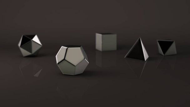 Group, set of geometric shapes, Platonic body, polyhedra, polygonal objects of precious metal, silver, platinum, iron, chrome. Illustration, abstract, background picture of reflections. 3D rendering - Photo, Image