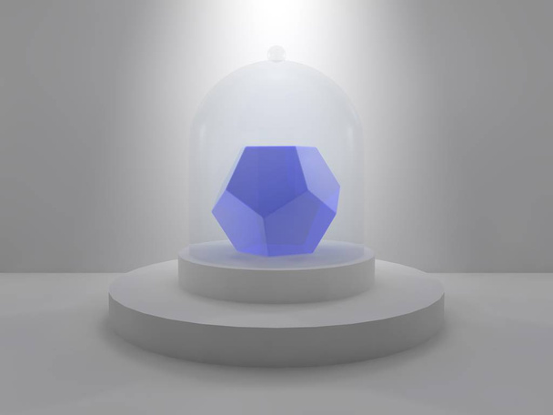 Dodekaeder in der Mitte des Ateliers auf einem runden Sockel unter einer Glaskappe, die vom Schein des Lichts erhellt wird. Dodekaeder, Edelstein, blauer Karbunkel, blaues Glas. 3D-Darstellung - Foto, Bild