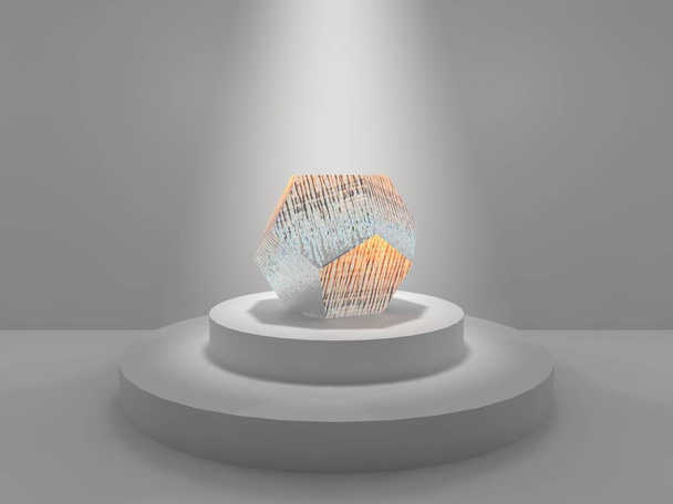Dwunastościan w centrum Studio na piedestale okrągły oświetlony blaskiem światła. Dwunastościan wykonane ze szkła i lodu. Pomysł z zimna i wyższości. renderowania 3D - Zdjęcie, obraz