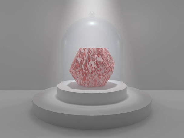 Dodekaeder in der Mitte des Ateliers auf einem runden Sockel unter einer Glaskappe, die vom Schein des Lichts erhellt wird. Dodekaeder, der Standard aus rotem Stein mit weißen Flecken. 3D-Darstellung - Foto, Bild