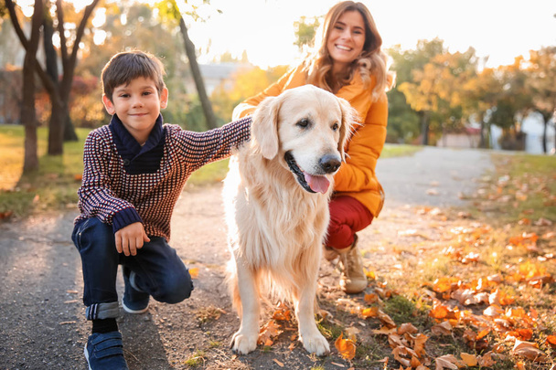 Anya fia és kutyájuk őszi parkban - Fotó, kép