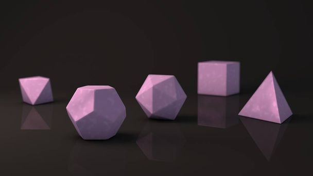 Група платонів, рожевий камінь з гладкою поверхнею. Багатокутні форми, багатогранники в студії з відбиваючим фоном. Ілюстрація абстракції. 3D візуалізація
 - Фото, зображення