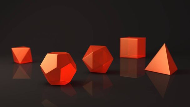 Set van Platonische lichamen, rode glas, lichtgevend, glanzend oppervlak. Veelhoekige vormen, veelvlakken in de Studio met een reflecterende achtergrond. Illustratie van abstractie. 3D-rendering - Foto, afbeelding