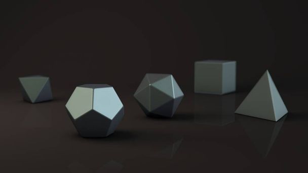 A group of Platonic bodies, expensive with a matte blue surface. Precious metal Polygon shapes, the polyhedra in the Studio with a reflective background. Illustration of abstraction. 3D rendering - Photo, Image