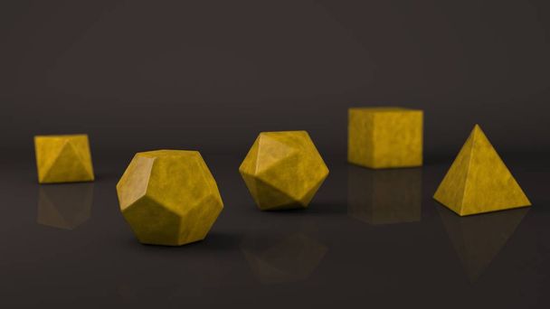 Grupo de cuerpos platónicos, piedra amarilla con una superficie mate y brillante. Formas poligonales, poliedros en el estudio con fondo reflectante. Ilustración de abstracción. Renderizado 3D
 - Foto, Imagen