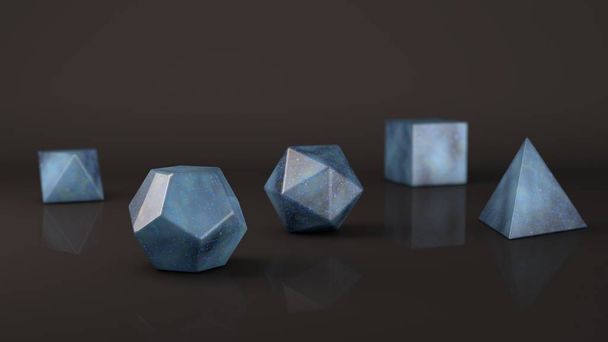 Η ομάδα των Πλατωνικά Στερεά, φως μπλε πέτρα με στίγματα, μαρμάρινη επιφάνεια. Πολυγωνικά σχήματα, πολύεδρα στο στούντιο με ανακλαστικό υπόβαθρο. Εικονογράφηση της αφαίρεσης. 3D rendering - Φωτογραφία, εικόνα