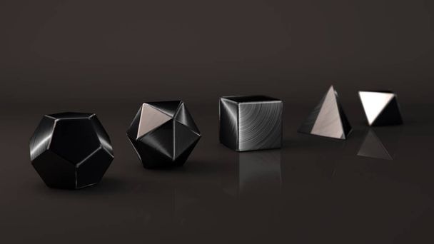 Grupo de corpos platônicos, metal polido preto com reflexos. Formas de polígono de metal precioso, os poliedros no Estúdio com um fundo reflexivo. Ilustração da abstração. Renderização 3D
 - Foto, Imagem