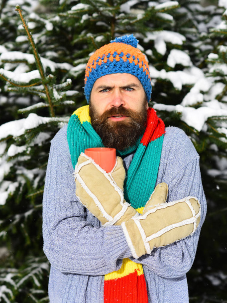 Macho with beard and mustache freeze on winter day. - Zdjęcie, obraz
