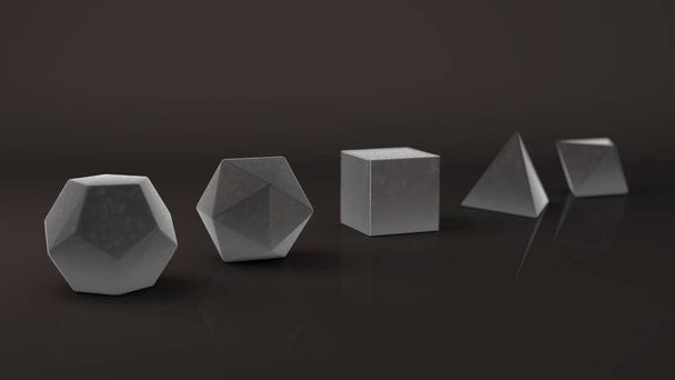 Gruppo di corpi platonici, pietra metallica grigia con superficie opaca. Forme poligonali, poliedri in Studio con sfondo riflettente. Illustrazione dell'astrazione. Rendering 3D
 - Foto, immagini