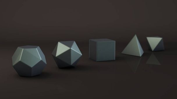 Un grupo de cuerpos platónicos, caros con una superficie azul mate. Metales preciosos Formas de polígono, los poliedros en el estudio con un fondo reflectante. Ilustración de abstracción. Renderizado 3D
 - Foto, imagen