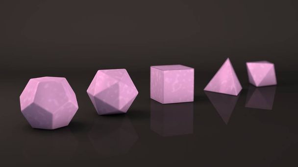 Skupina platonický sušiny, růžový kámen s hladkým povrchem. Polygonální tvary mnohostěnů ve studiu s pozadím v reflexní. Ilustrace abstrakce. 3D vykreslování - Fotografie, Obrázek
