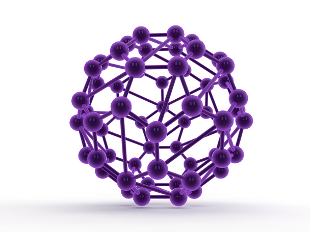 Illustration d'un réseau moléculaire sphérique violet avec la balle au centre sur un fond blanc. La molécule brille. L'idée du développement de la médecine et de la nanotechnologie. rendu 3D
 - Photo, image