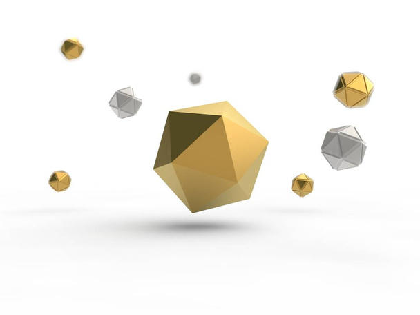 Icosaedro dorado rodeado de muchos icosaedros de plata y oro. Ilustración aislada sobre fondo blanco, con profundidad de campo. Renderizado 3D
 - Foto, Imagen