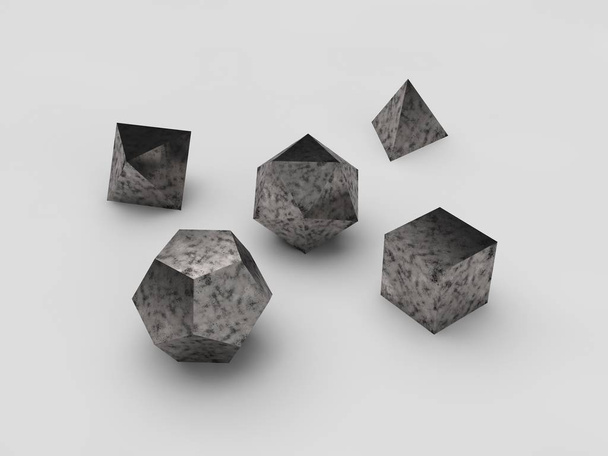 formes géométriques octaèdre, tétraèdre, hexaèdre, dodécaèdre, icosaèdre de métal rayé, fer tacheté, ensemble, fond blanc, isolé. rendu 3D
 - Photo, image